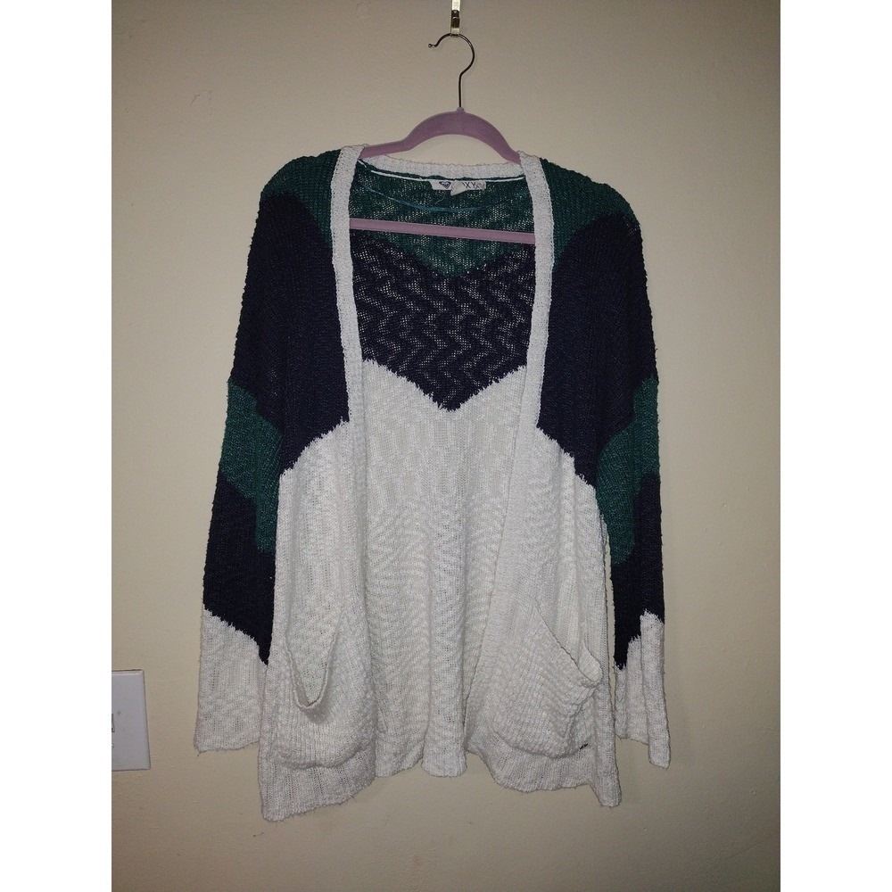 Roxy Women's Colorblock Open Front Cardigan Sweater Teal Navy White XS